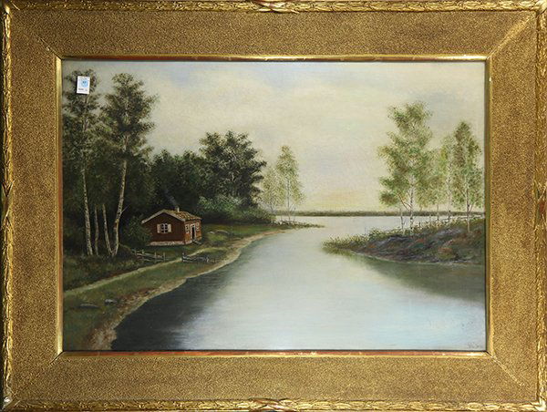 Painting, Cottage by the Lake: British School (19th century), Cottage by the Lake, oil on canvas, initials H.J.S. lower right, overall (with frame): 42"h x 56"w
