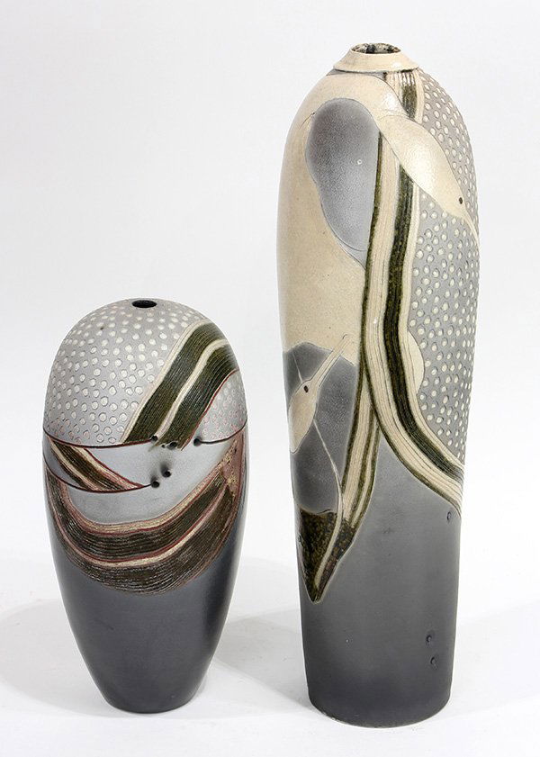 (Lot of 2) Frank Boyden sgraffito raku pots: (Lot of 2) Frank Boyden (Oregon, b. 1942) sgraffito raku pots, each having a tapered form decorated with fish and heron, largest: 23"h