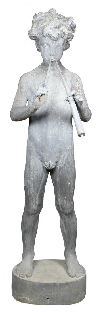Neoclassical style lead figural fountain head: Neoclassical style lead figural fountain head, circa 1920, depicting a bacchanalian boy playing the aulos, and rising on a circular base, 43"h