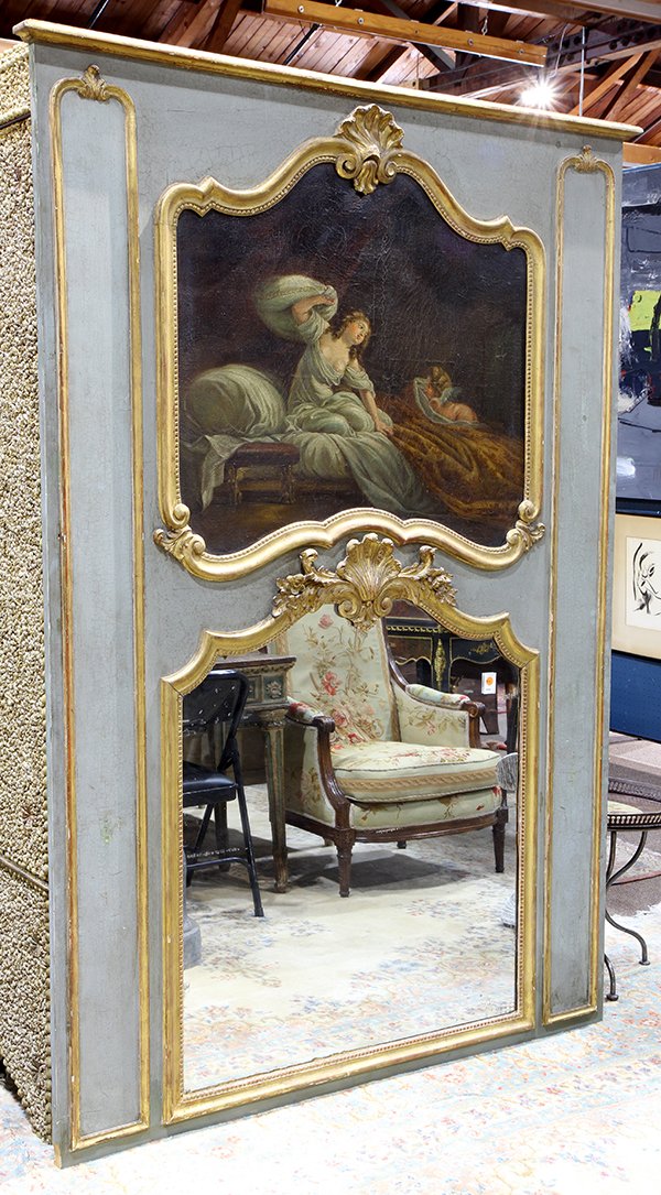 French Louis XV style polychrome decorated and partial: French Louis XV style polychrome decorated and partial gilt trumeau mirror, circa 1880, having a molded cornice above an allegorical reserve of love awakening, depicting a young beauty rising beside a