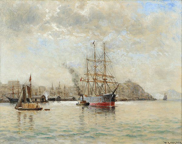 Painting, William Coulter: William Alexander Coulter (American, 1849-1936), "Bay Scene (San Francisco)," oil on board, signed lower right, title label affixed verso, board: 13.5"h x 17"w, overall (with frame): 21.25"h x 25"w