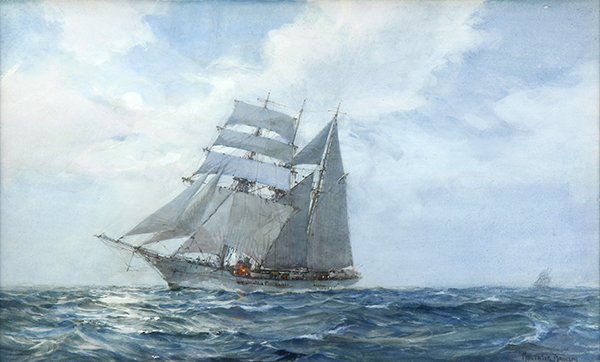 Watercolor, Montague Dawson: Montague Dawson (British, 1890-1973), Signalling, watercolor, signed lower right, sight: 11.5"h x 18.5"w, overall (with frame): 18.25"h x 25.5"w