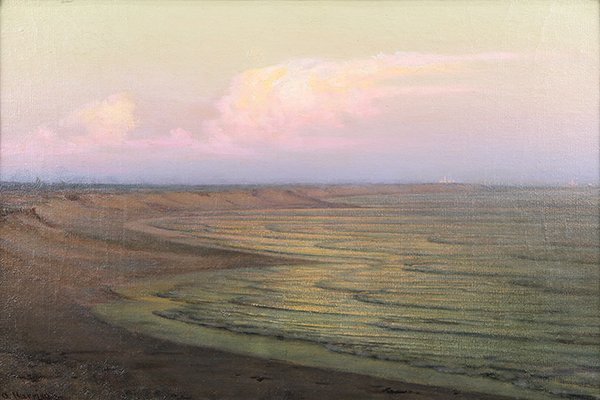 Painting, Alexander Harrison: Alexander Harrison (American, 1853-1930), Sunset Over the Bay, oil on canvas, signed lower left, canvas: 16"h x 23.25'w, overall (with frame): 22"h x 29.5"w