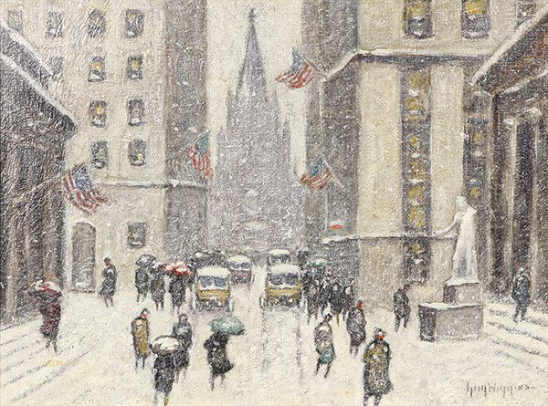 Painting, Guy C. Wiggins: Guy Carleton Wiggins (American, 1883-1962), "Wall St. Winter," oil on canvas board, signed lower right, titled and signed verso, board: 12"h x 16"w, overall (with frame): 20.5"h x 24.5"w