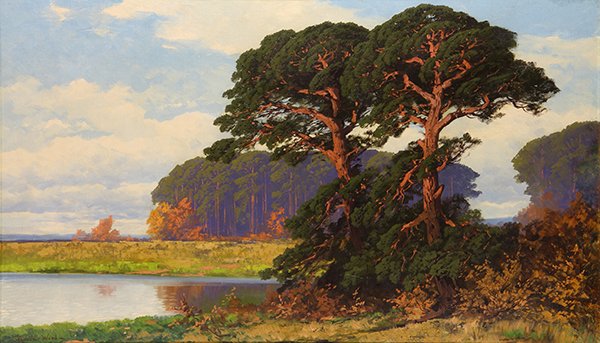 Painting, Robert Wood: Robert William Wood (American, 1889-1979), View of Monterey Bay, oil on canvas, signed lower left, canvas: 23.25"h x 39.5"w, overall (with frame): 27.75"h x 44"w