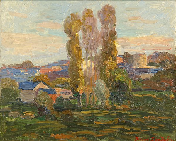 Painting, Birger Sandzen: Birger Sandzen (American, 1871-1954), "Lindsburg, Kansas," 1944, oil on panel, signed lower right, titled and dated verso, sight: 8.25"h x 10.25"w, overall (with frame): 10.5"h x 12.5"w. Provenance: L