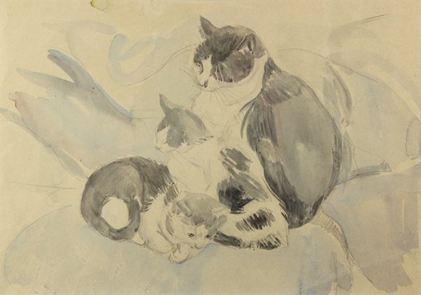 Watercolors, Gwen John: (lot of 2) Gwen John (British, 1876-1939), Three Cats on a Couch & Seated Black Cat, watercolors and pencil on paper, sights: 9"h x 12.25"w/6.25"h x 10"w, overalls (with frames): 15.5"h x 19.5"w/13.25