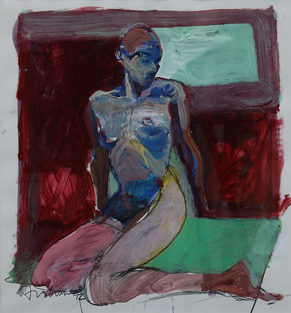 Painting, Kim Frohsin: Kim Frohsin (American, b. 1961), "Kneeling Figure with Pink Leg," 1992, acrylic on paper, signed and dated lower left, sight: 17.5"h x 16"w, overall (with frame): 23.5"h x 20"w
