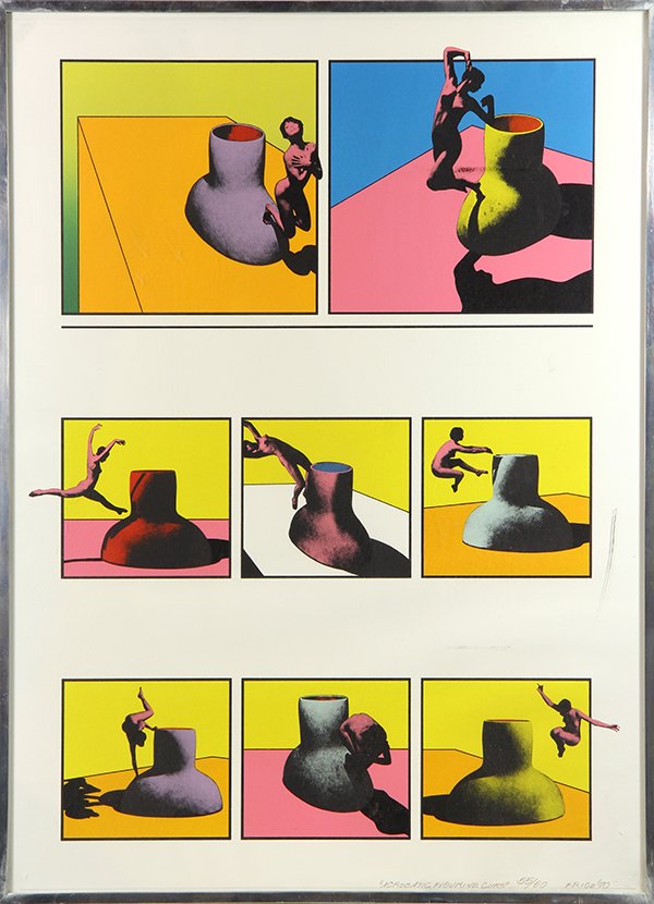 Print, Ken Price: Ken Price (American, 1935-2012), "Acrobatic Figurine Cups," 1970, lithograph in colors, pencil signed, titled, and dated lower right, edition 55/60, image: 19.5"h x 16"w, sight: 21.75"h x 17.75"w, ove