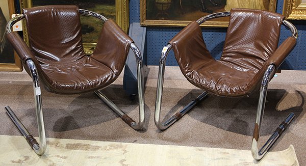 (lot of 2) Mid-Century Modern Zermatt lounge chairs: (lot of 2) Mid-Century Modern Zermatt lounge chairs, designed by Duncan Burke and Gunter Eberle for Vecta group, each having a sling seat upholstered in brown, and rising on a chrome frame, 28.5"h x 2