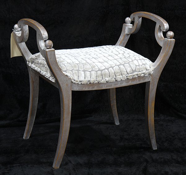 Moderne silver washed stool: Moderne silver washed stool, having crocodile pattern upholstery and rising on sabre legs, 25"h x 25"w 15.5"d