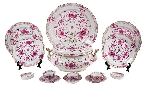 (lot of 60) Meissen partial table service: (lot of 60) Meissen partial table service, in the "Indian Painting" pattern, each having a gilt rim, and decorated with pink flowers, consisting of (6) dinner plates, 10"dia.; (13) luncheon plates; (1
