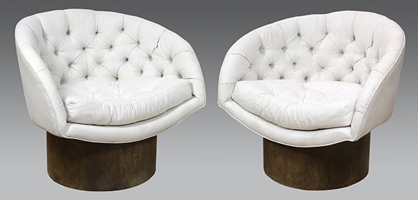 (lot of 2) Milo Baughman style bucket chairs: (lot of 2) Milo Baughman style bucket chairs, each having a tufted seat and back upholstered in cream, and rising on a conforming wood base, 28"h x 33"w x 23"d