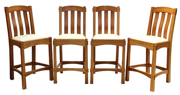 (Lot of 4) Berkeley Mills Arts and Crafts style bar: (Lot of 4) Berkeley Mills Arts and Crafts style bar stools, each having a slatted back, and rising on square legs, 41"h x 18"w x 16.5"d