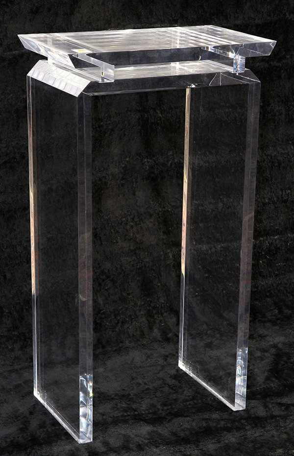 Moderne acrylic pedestal: Moderne acrylic pedestal, having an Asian inspired shaped geometric top, above square sides, 36"h x 20"w x 11.5"d