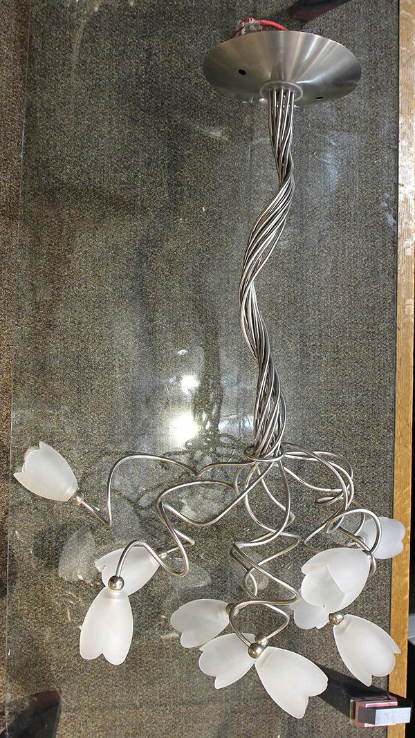 Harco Loor Mid Century chandelier: Harco Loor Mid Century chandelier, having ten lights cascading from the circular support, terminating at the floral frosted glass shades, 36"h x 24"w