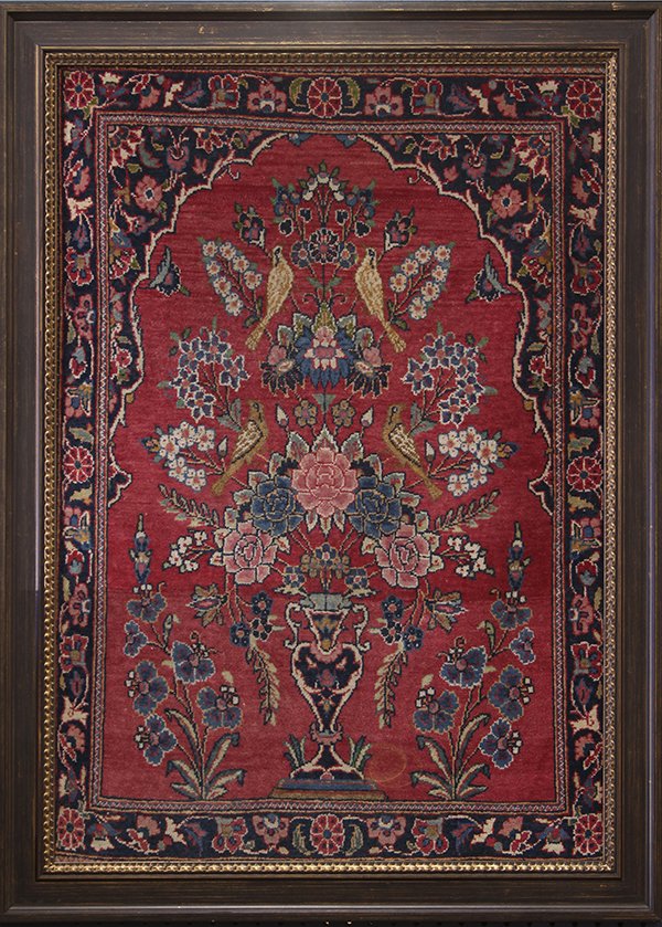 Framed semi antique Persian Sarouk Tree of Life prayer: Framed semi antique Persian Sarouk Tree of Life prayer rug, sight 34" x 24", overall 39"h x 29"w Provenance: Property from the collection of Trotter’s Antiques, Pacific Grove CA