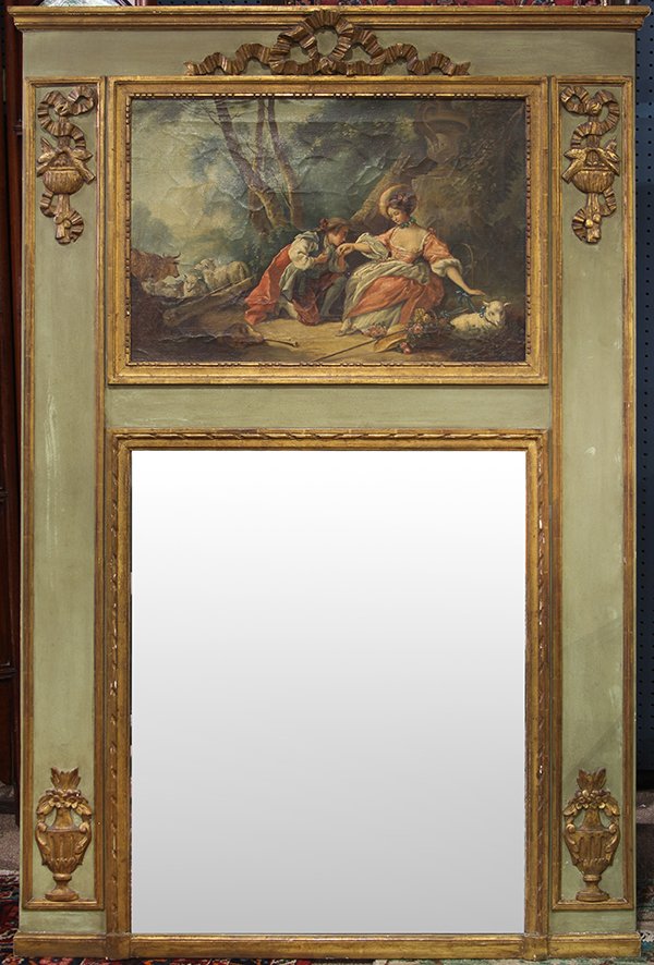 French Louis XV style polychrome decorated and partial: French Louis XV style polychrome decorated and partial gilt trumeau mirror, circa 1880, having a ribbon and bow crest surmounting the oil on canvas panel depicting a courting couple, above the rectang