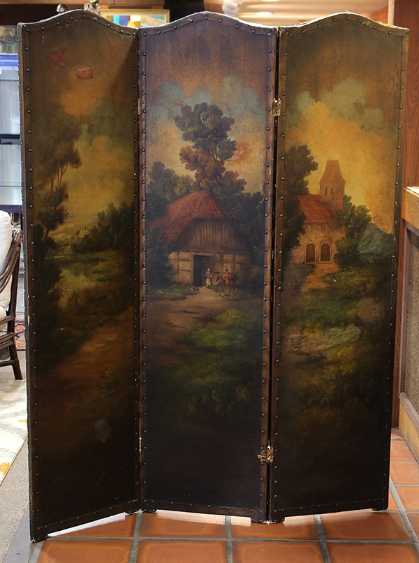 English three panel paint decorated floor screen,: English three panel paint decorated floor screen, having brass nail head trim, centering a scenic reserve of an 18th century village, 66"h x 54"w