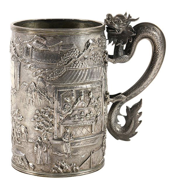 Chinese Export repousse silver trophy tankard, by Luen: Chinese Export repousse silver trophy tankard, by Luen Wo, Shanghai, late 19th/early 20th century, the vessel molded with a band set over an intricately hammered ground decorated with pronounced figur