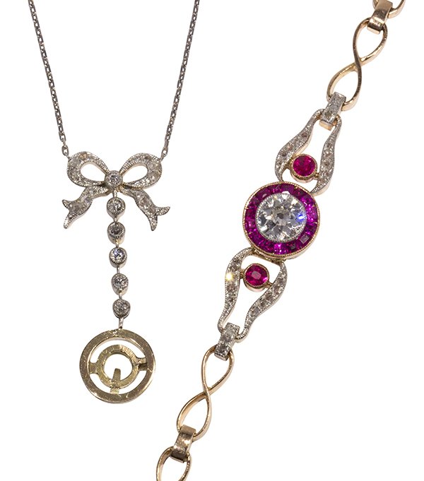 Edwardian diamond, ruby, platinum and 14k yellow gold: Edwardian diamond, ruby, platinum and 14k yellow gold convertible bracelet/lavaliere the bracelet features a removable center, set with (1) old European cut diamond weighing approximately 0.75 ct., su