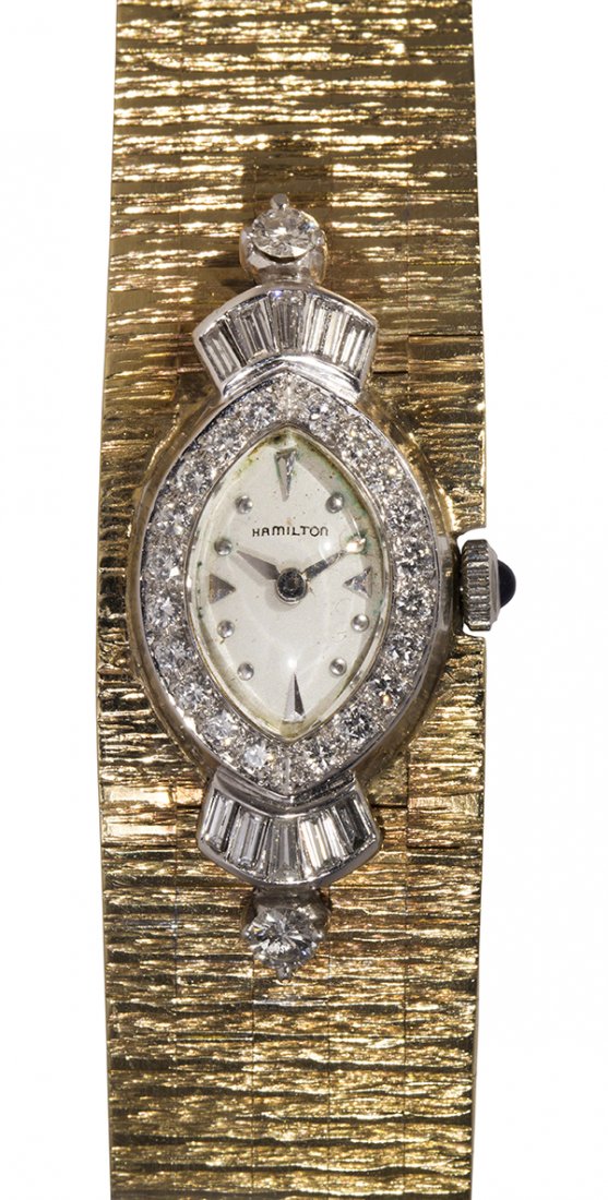 Lady's Hamilton diamond, platinum and 18k yellow gold: Lady's Hamilton diamond, platinum and 18k yellow gold wristwatch Dial: navette, off white, applied geometric hour markers, dauphin hands, Hamilton Movement: 22 jewels, caliber 757, adjustable, Hamilto