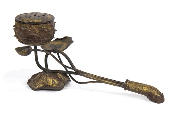 Japanese Buddhist Ceremonial Ekoro Censer: Japanese Buddhist ceremonial ekoro (handled censer), 18th/19th century, gilded bronze in the shape of lotus leaves and flowers, lid in the form of lotus a pod with holes and the reverse cast with visv