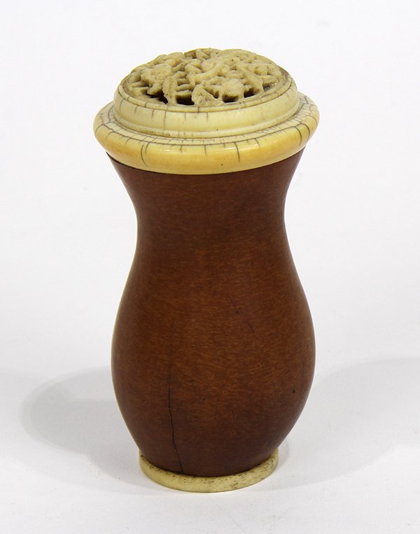 Chinese Gourd Cricket Cage: Chinese gourd cricket cage, with a bone lid pierced with birds and fruiting sprigs, the vessel set above a circular bone base incised with ring marks (cracks), 4.125"h