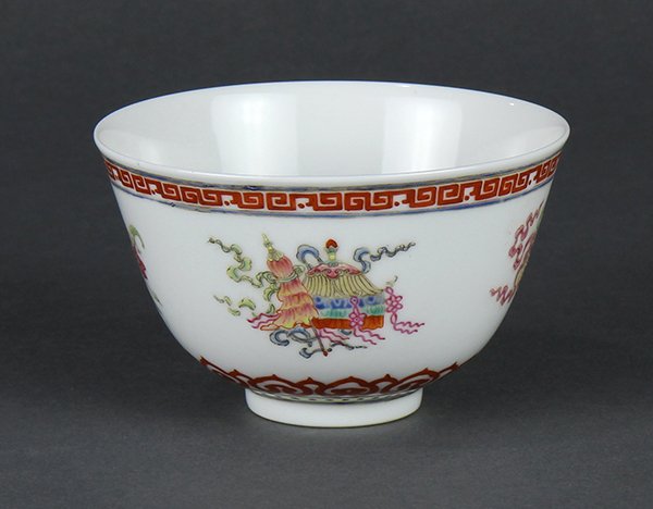 Chinese Enamel Porcelain Cup, Buddhist Treasures: Chinese enamel porcelain cup, with four Buddhist treasures to the exterior, with key fret to the rim and ruyi pattern near the foot, bottom with Daoguang mark, 4.25"w