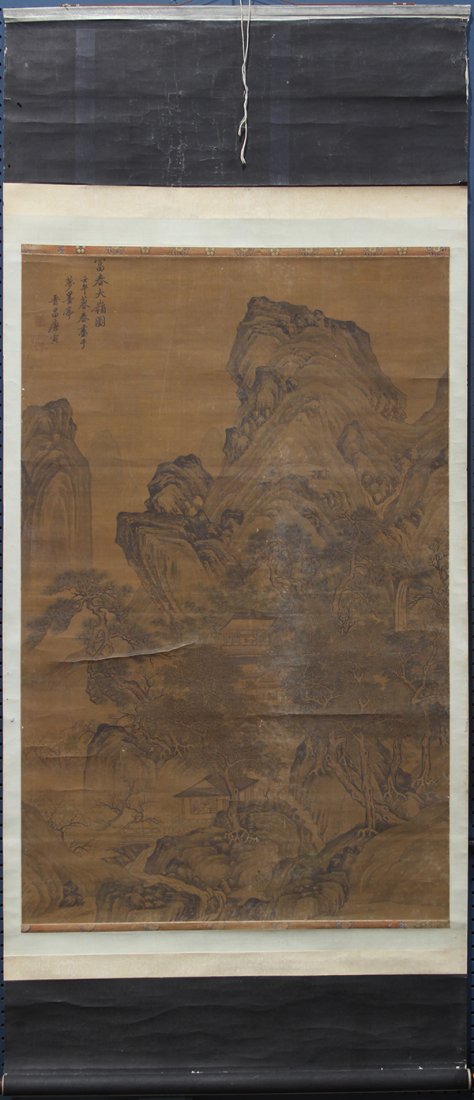 Chinese Scroll, Manner of Tang Yin, Landscape: Manner of Tang Yin (Chinese, 1470-1524), Fuchun Landscape (Fuchun Daling Tu), ink and color on silk, the upper left with title, cyclical date renwu and bearing signature, along with two seals, paintin