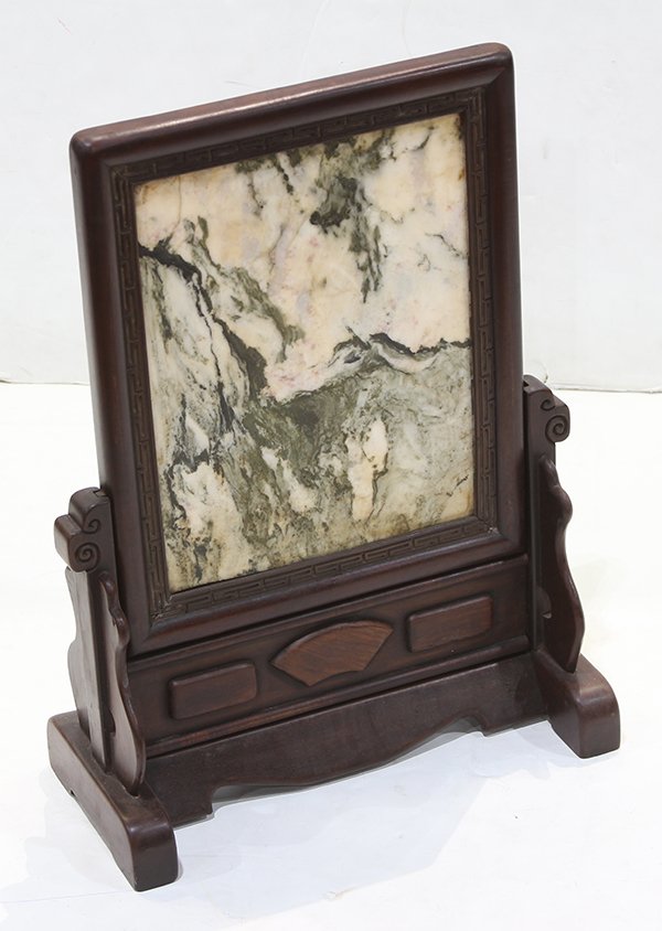Chinese Table Screen with Marble Plaque: Chinese marble inset table screen, with a black and white mottled rectangular marble plaque within a key-fret frame, set above a stand, overall: 21.75"h