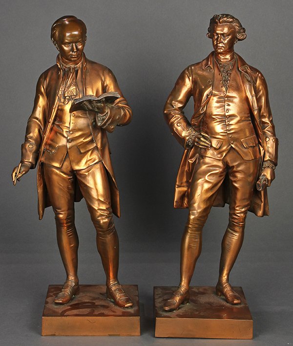 Sculptures, John Henry Foley: (lot of 2) John Henry Foley (Irish, 1818-1874), Oliver Goldsmith, and Edmund Burke, electroplated bronze sculptures, each bears artist's name lower left, each bears foundry mark: Elkington & Co. Found