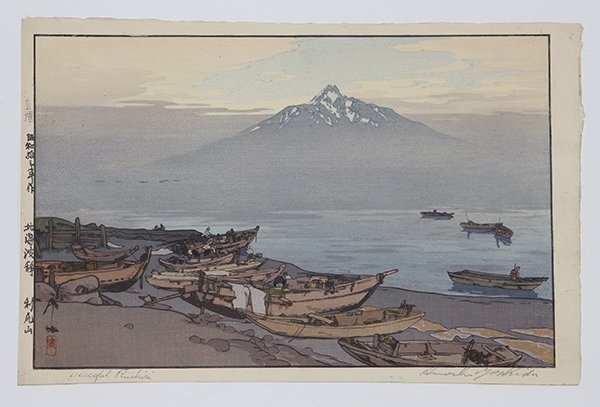 Japanese Woodblock Print, Yoshida Hiroshi: Yoshida Hiroshi (Japanese, 1876-1950), 'Peaceful Rishiri', jizuri (self printed) woodblock print, lower left with signature/seal, lower margin with pencil signature/title, left margin with jizuri mark