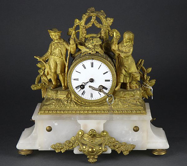 French Rococo Revival figural mantle clock, executed in (1 of 3)