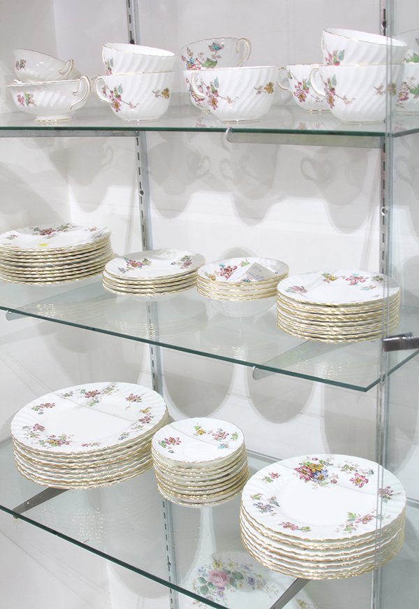 (lot of 75) Minton service for ten in the "Vermont": (lot of 75) Minton service for ten in the "Vermont" pattern, each having a gilt border centering polychrome floral branches, consisting of (10) dinner plates, 10.5"dia.; (10) salad plates; (10) desser
