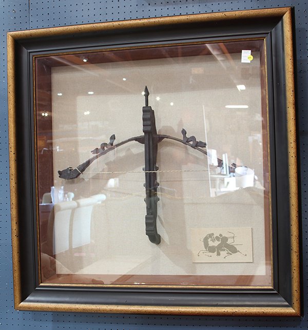 Chinese style 'Scorpion' pistol crossbow: Chinese style 'Scorpion' pistol crossbow, executed in the style of the Han Dynasty and displayed in shadow box frame, 43"dia.