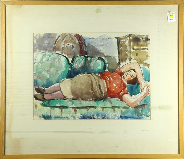 Watercolor, Arthur Durston: Arthur Durston (American, 1897-1938), Girl Reclining, watercolor on paper, overall (with frame): 27"h x 31"w. Provenance: The Haggin Museum (Stockton, CA)