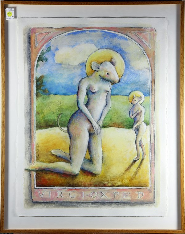 Mixed Media, Marisca Slusarski: Marisca Slusarski (American, 20th century) "Virgi Ox Ped," mixed media on paper, signed lower/center left, overall (with frame): 34.75"h x 27.5"h
