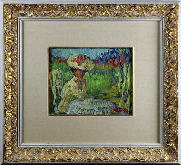 Painting, Lady with Hat: European School (20th century), Lady with Hat, oil on board, signed "Sikorski" lower right, overall (with frame): 18.5"h 20.5"w
