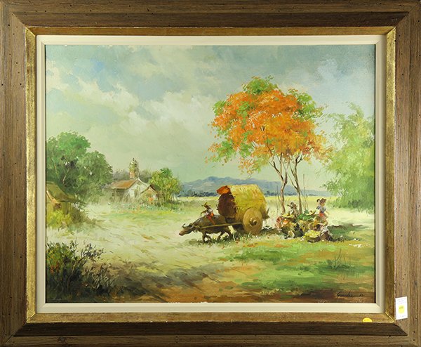 Painting, Landscape with Figures and Ox Cart: Landscape with Figures and Ox Cart, 1967, oil on canvas, signed "Gonzalez" and dated lower right, overall (with frame): 29.5"h x 35"w