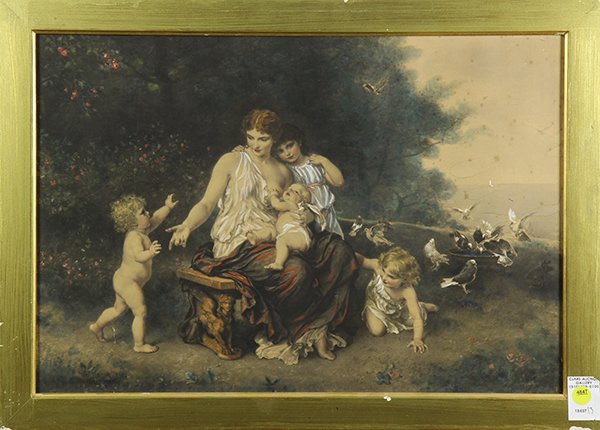 Print, Lady Nursing her Young, 1887: Continental School (19th century), Lady Nursing her Young, 1887, engraving with hand-coloring, plate signed indisintcly lower left and dated, overall (with frame): 17.5"h x 24.5"w