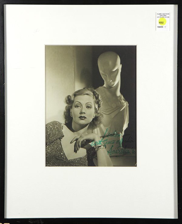 Photograph, Portrait of Ann Sothern: American School (20th century), Portrait of Ann Sothern, gelatin silver print, signed in ink and dedicated by Sothern lower right, sight: 11.75"h x 8.75"w, overall (with frame): 21.5"h x 17.5"w