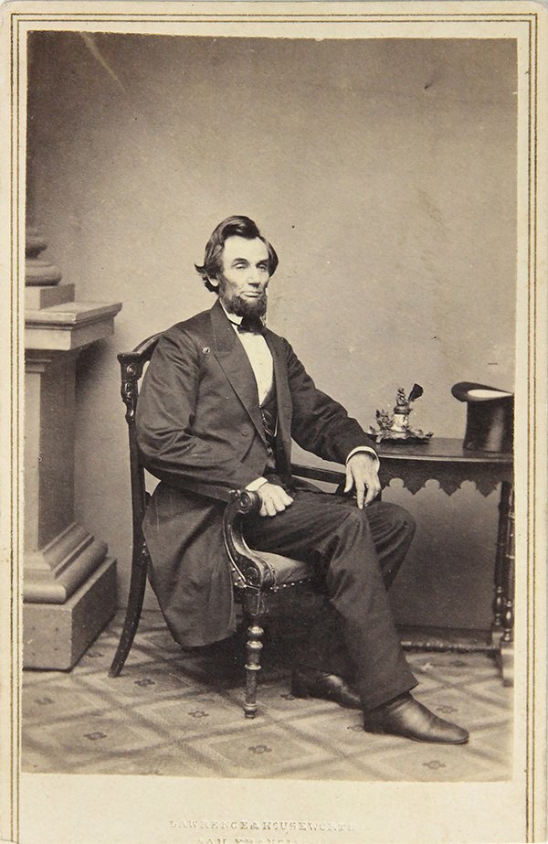 Abraham Lincoln carte de visite by Matthew Brady: Abraham Lincoln carte de visite by Matthew Brady with impressed mark for Lawrence & Houseworth, San Francisco, 3.75"h x 2.25"w