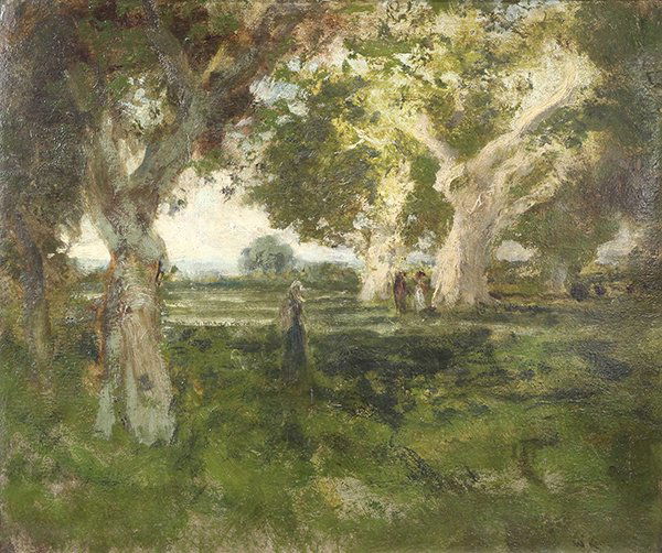 Painting, William Keith: William Keith (American, 1838-1911), Figures in a Forest Clearing, oil on canvas (laid down on board), signed lower right, canvas: 23"h x 27"w, overall (with frame): 30"h x 34"w