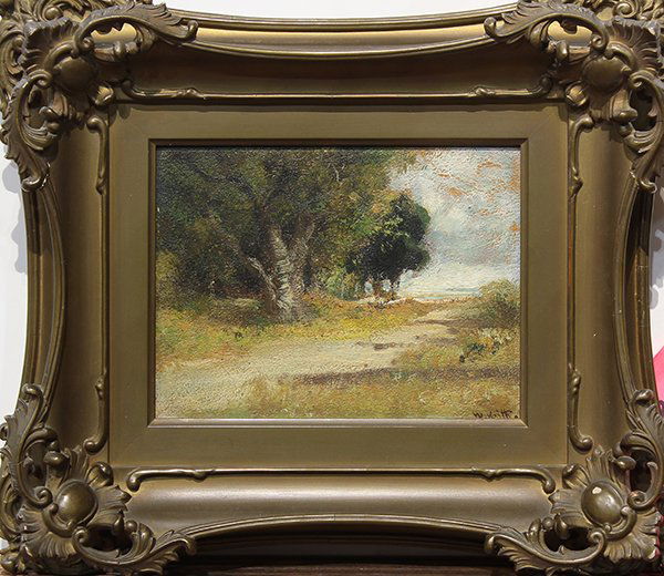 Painting, William Keith: William Keith (American, 1838-1911), Path Along the Trees, oil on board, signed lower right, board: 7"h x 9"w, overall (with frame): 14.5"h x 16"w