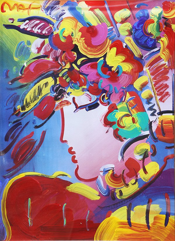 Print, Peter Max: Peter Max (American, b. 1937), "Blushing Beauty," 2002, mixed media with acrylic painting and color lithograph on paper signed upper left, sight: 29"h x 21"w, overall (with frame): 42"h x 34"w, Note: