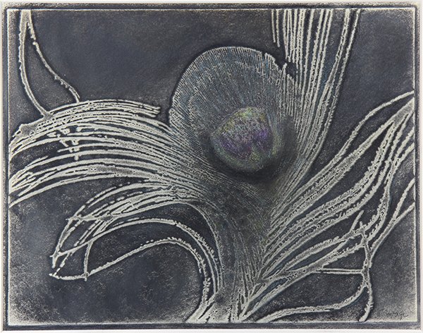 Prints and Photographs by Naomi Savage: (Lot of 3) Naomi Savage (American, 1927-1995), Peacock Feather, 1969-1980, mixed media on paper, pencil signed lower right, also pencil signed and dated lower right matting, titled lower left, sight: