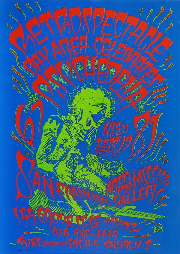 Vintage Rock posters, Griffin and Moscoso: (lot of 2) Rick Griffin (American, 1944-1991), "Retrospectacle Bay Area Celebrates Psychedelia," lithographic rock poster in colors, signed in plate lower right, sheet (overall): 23.75"h x 17"w, and R
