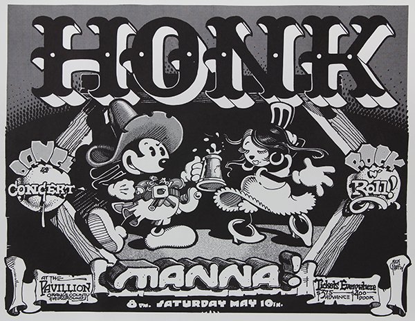 Vintage Rock Posters, Griffin: (lot of 2) Rick Griffin (American, 1944-1991), "Honk and Manna," 1975, vintage lithographic rock poster, signed in plate lower right, sheet (overall): 17.5"h x 22"w, and Rick Griffin (American, 1944-1