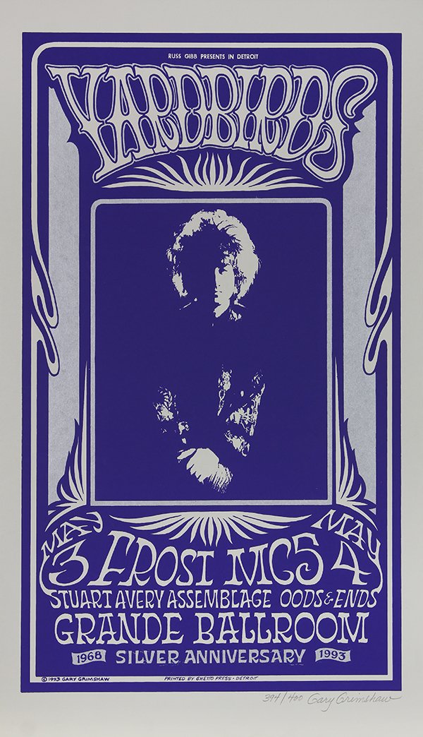 Vintage Rock Posters, Grimshaw: (lot of 4) Gary Grimshaw (American, 1946-2014), "Yardbirds, Frost, Stuart Avery, Assemblage, MC5, and Odds and Ends," Russ Gibb Presents at the Grande Ballroom lithographic rock poster in colors, penc